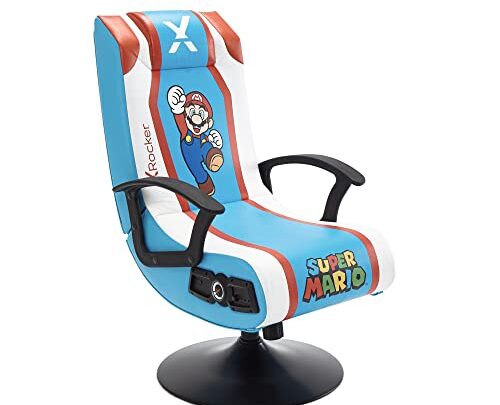X Rocker Official Super 2.1 Audio Pedestal Mario Edition Gaming Chair, Blue/White