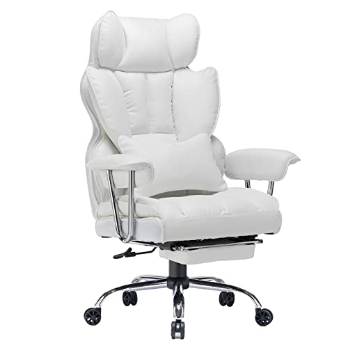 Efomao Desk Office Chair Big High Back Chair PU Leather Computer Chair Managerial Executive Swivel Chair with Lumbar Support (White)
