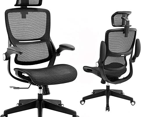 Office Chair Ergonomic Desk Chair – Curved Linear Mesh Seat Lumbar Support HighBack Computer Chair with Headrest Flip-up Armrests, Adjustable…