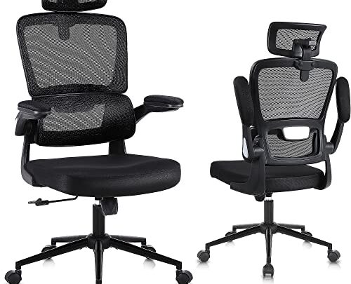 Flysky Ergonomic Office Chair Breathable Mesh Home Office Desk Chair, Comfy Computer Chair with Lumbar Support, Headrest and Flip-up Arms,…