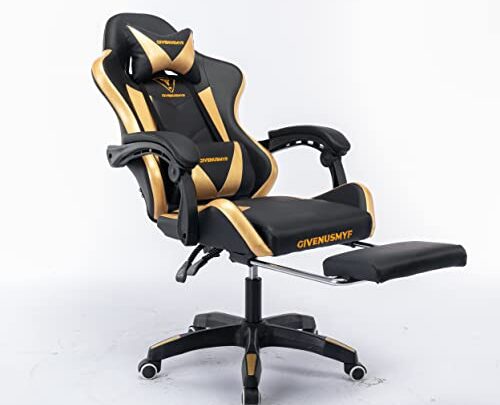 Ergonomic Gaming Chair, Comfortable Gaming Chair with Footrest, Computer Chair Leather Desk Chair Mesh Adjustable Swivel Gaming Office Chair (Style2/gold/black)