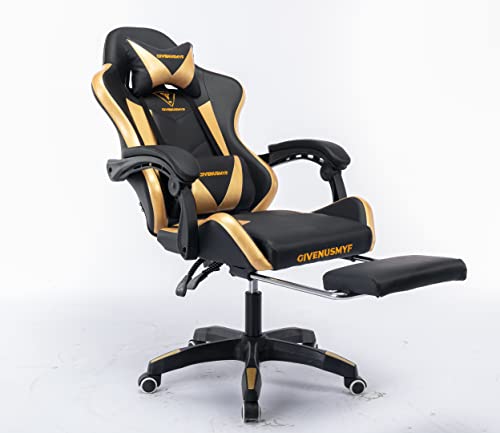 Ergonomic Gaming Chair, Comfortable Gaming Chair with Footrest, Computer Chair Leather Desk Chair Mesh Adjustable Swivel Gaming Office Chair (Style2/gold/black)
