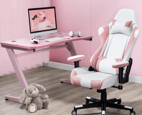 ECOTOUGE Pink Gaming Chairs, PU Leather High Back Racing Gaming Chairs with Lumbar Support and Headrest, High Back Reclining Computer…