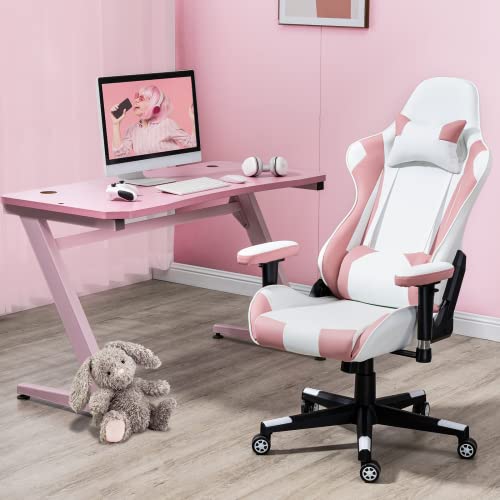 ECOTOUGE Pink Gaming Chairs, PU Leather High Back Racing Gaming Chairs with Lumbar Support and Headrest, High Back Reclining Computer…