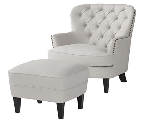 Great Deal Furniture Alfred Natural Fabric Club Chair with Ottoman, Beige, Black
