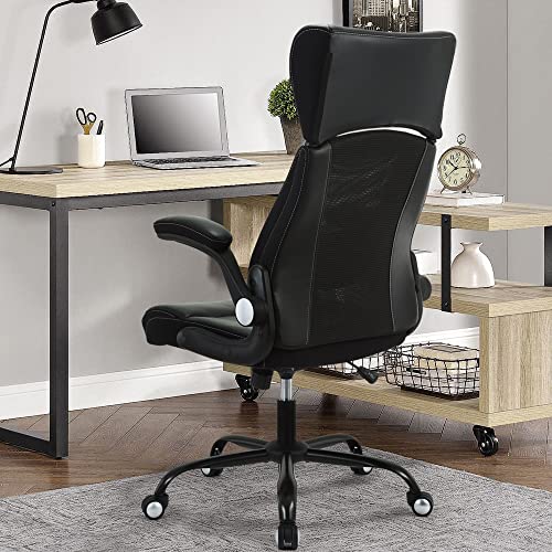 Executive Office Chair, High Back Ergonomic Leather Desk Chair, Widened Adjustable Headrest &Flip-up Arms for Home Office, Black