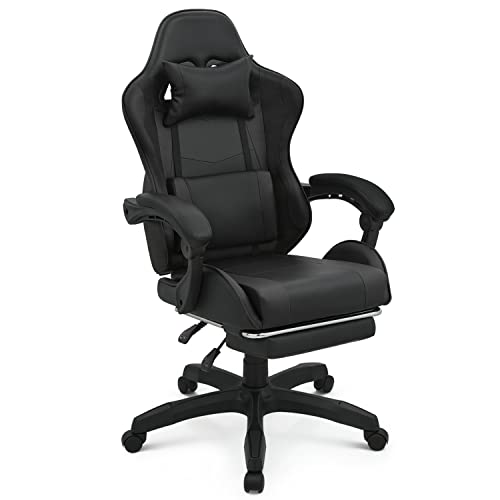 MoNiBloom Gaming Chair with Footrest High Back Video Game Chair with Headrest & Lumbar Support Height Adjustable Leather Swivel Computer…