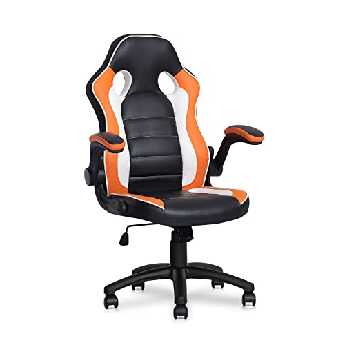 MoNiBloom Gaming Racing Style Computer Chair PU Leather Gamer Chair with Flip-up Arms for Kids Teens Adults, Black/Orange