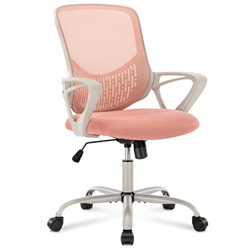 SMUG Home Office Desk Ergonomic Computer Modern Height Adjustable Swivel Mesh Chair with Fixed Armrests/Lumbar Support, Pink, 23.8D x 23.2W…