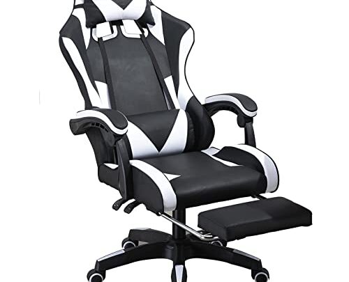 White Gaming Chair with Footrest Ergonomic Gaming Chair Racing Game Chair with Lumbar Support Adjustable Height Comfortable Gaming Chair PU…