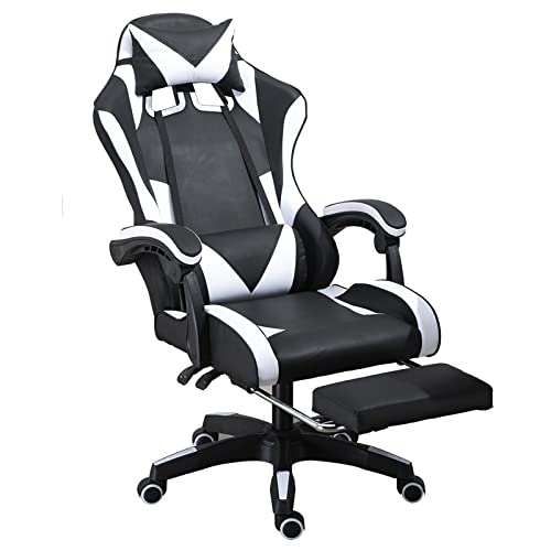 White Gaming Chair with Footrest Ergonomic Gaming Chair Racing Game Chair with Lumbar Support Adjustable Height Comfortable Gaming Chair PU…