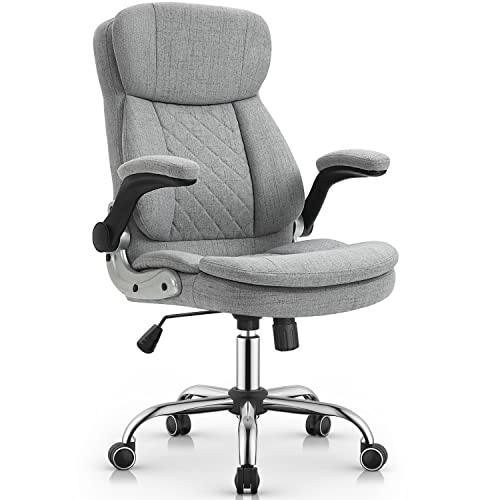 YAMASORO Fabric Office Chair Ergonomic Executive Chair with Lumbar Support,Home Office Desk Chairs Flip up Arms with Wheels, Grey