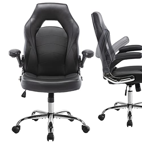 Gaming Chair Ergonomic High Back Computer Chair Height Adjustable Desk Chair with Flip-up Armrest Faux PU Leather Chair, Black