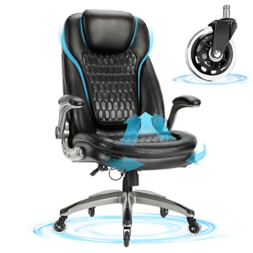 COLAMY Office Chair-Ergonomic High Back Computer Chair with Padded Flip-up Arms, Executive Leather Desk Chair Thicken Seat, Upgraded Casters for…
