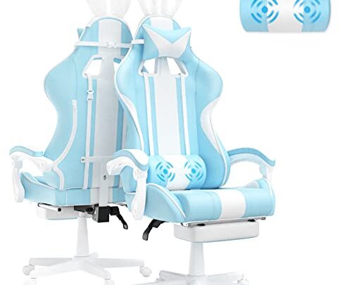 Ferghana Light Blue Gaming Chair with Bunny Ear, Cute Massage Gaming Chairs for Adults & Teens, Office PC Gamer Chair…