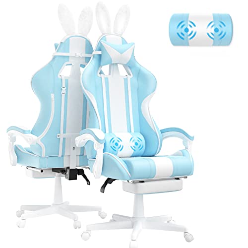 Ferghana Light Blue Gaming Chair with Bunny Ear, Cute Massage Gaming Chairs for Adults & Teens, Office PC Gamer Chair…