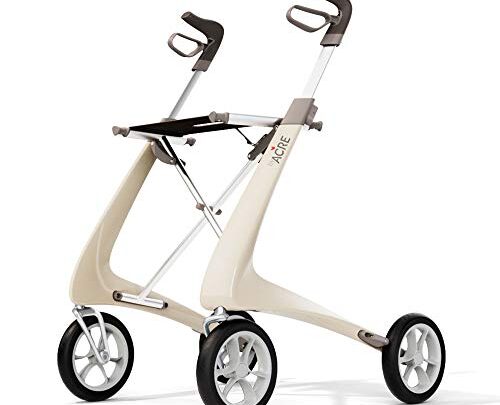 byACRE Carbon Ultralight Rollator Walker with Organizer Bag, Compact Track, 16″ x 22″ Seat (W x H), Oyster White