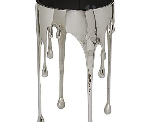 Deco 79 Aluminum Drip Accent Table with Melting Designed Legs and Shaded Glass Top, 16″ x 16″ x 24″, Silver