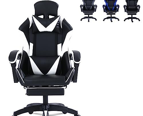 Gaming Chair with Footrest, Comfortable Computer Chair for Heavy People, 360°Swivel Adjustable Lumbar Pillow Gamer Chair, PU Leather Ergonomic Game…