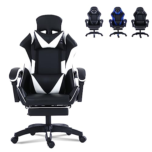 Gaming Chair with Footrest, Comfortable Computer Chair for Heavy People, 360°Swivel Adjustable Lumbar Pillow Gamer Chair, PU Leather Ergonomic Game…