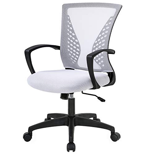 Home Office Chair Mid Back PC Swivel Lumbar Support Adjustable Desk Task Computer Ergonomic Comfortable Mesh Chair with Armrest (White)