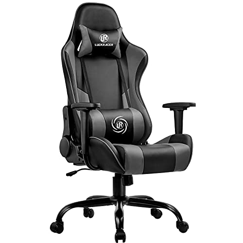 LUCKRACER Gaming Chair Office Computer Racing Chair for Adult Reclining Adjustable Swivel Leather High Back Desk Chair (Grey)